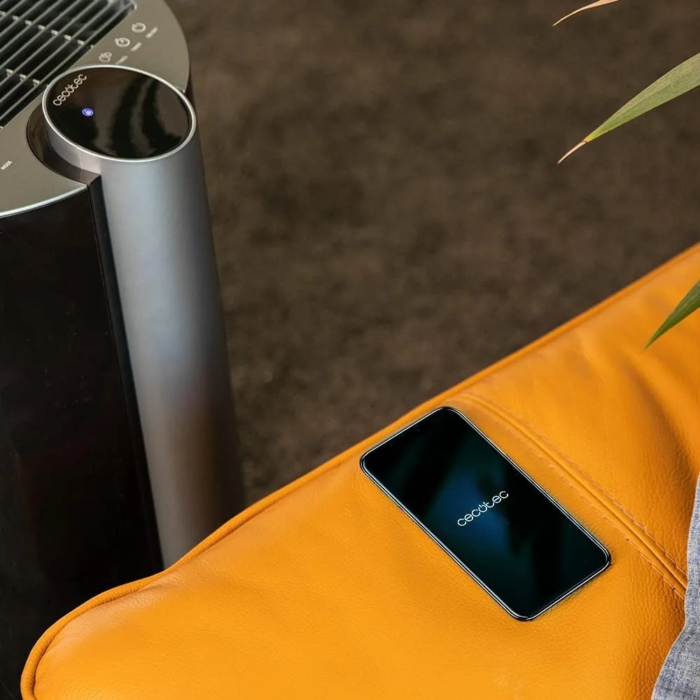 Detalle del panel y del teléfono con la app del Cecotec BigDry 9000