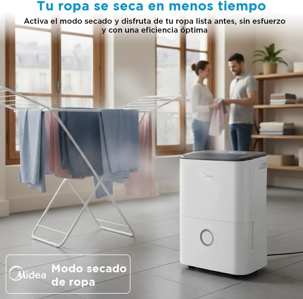 Midea 20L secando ropa en una habitación